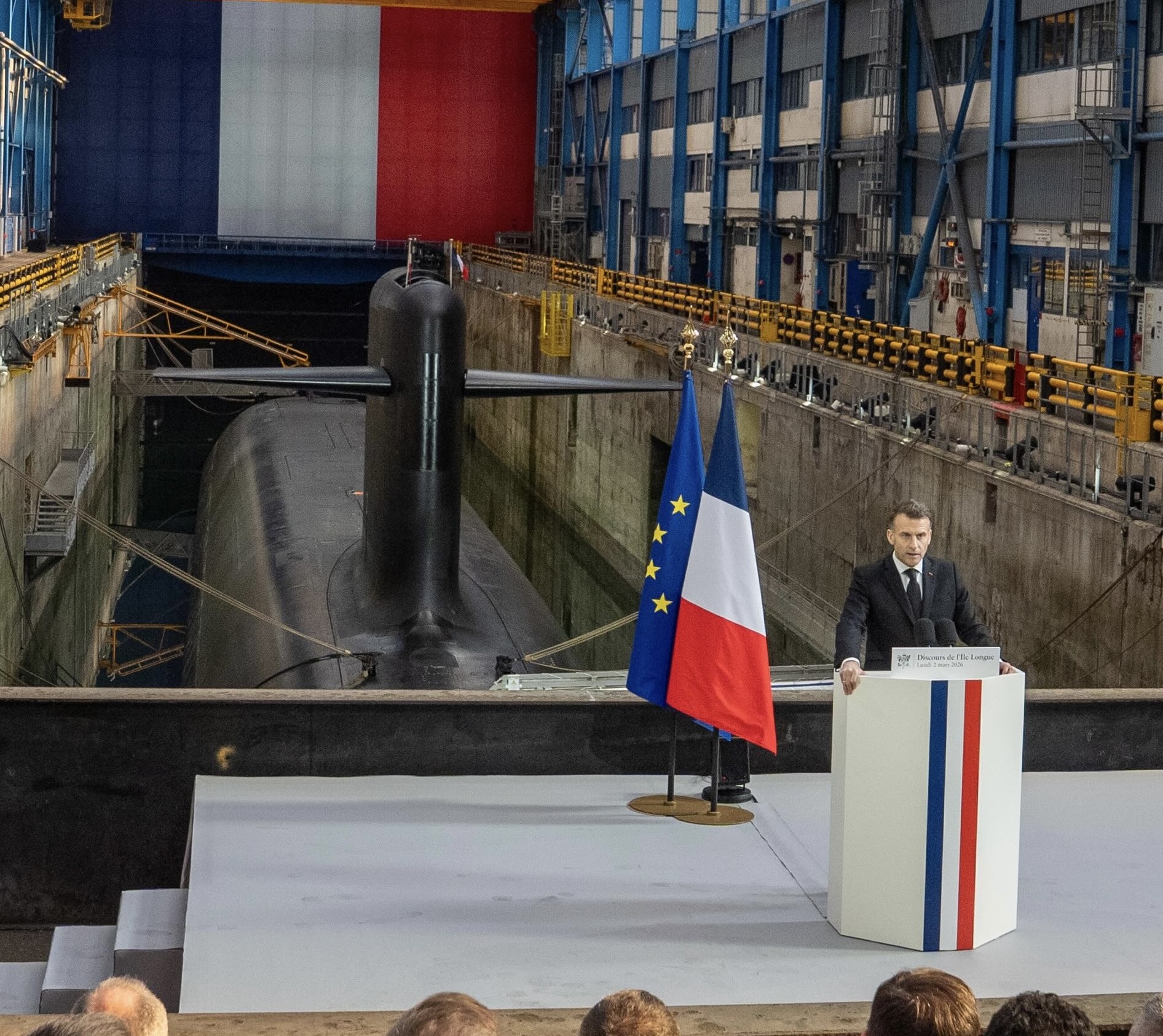 President Emmanuel Macron delivering a speech on France's nuclear deterrence strategy