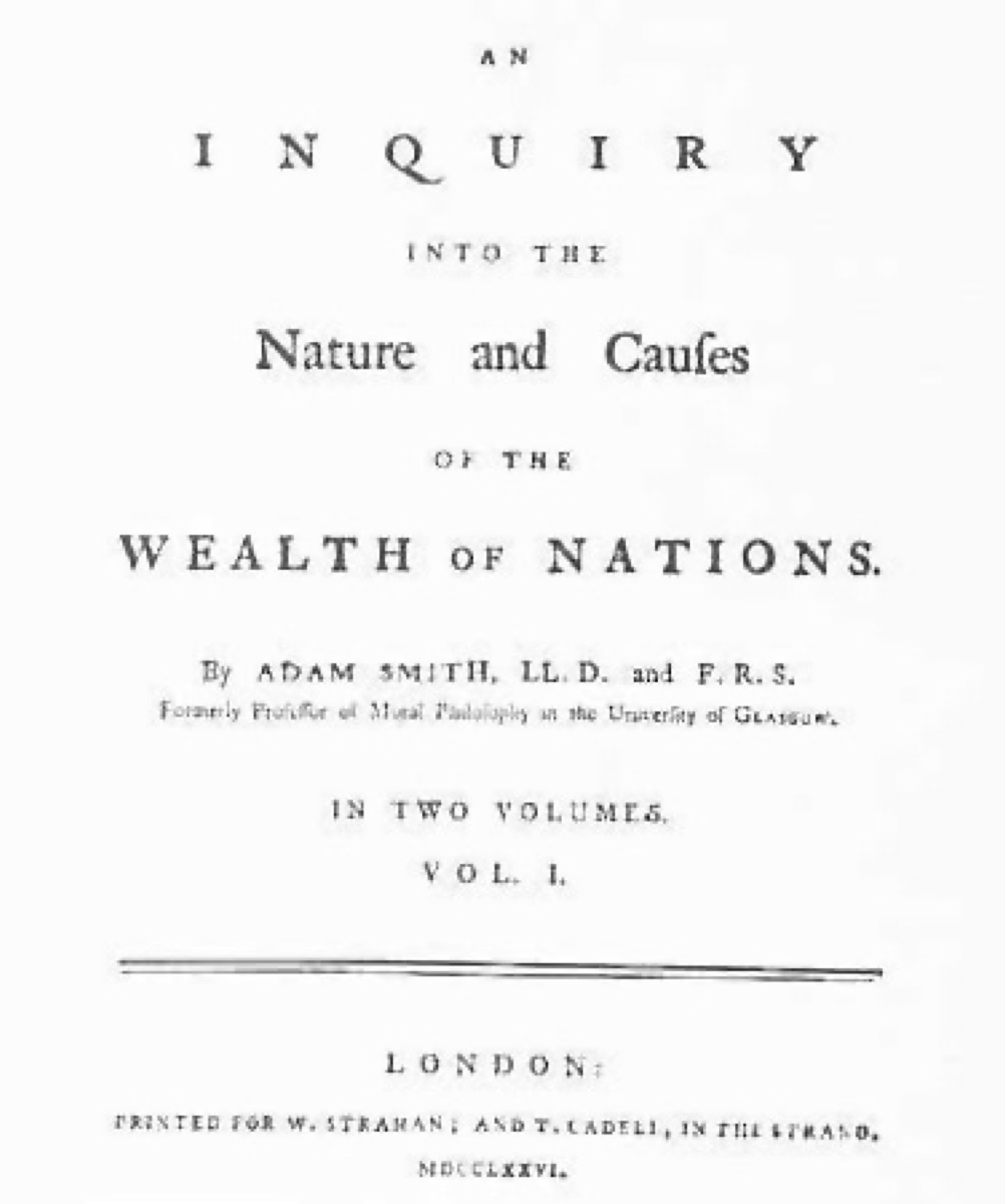 Title page of the 1776 first edition of The Wealth of Nations